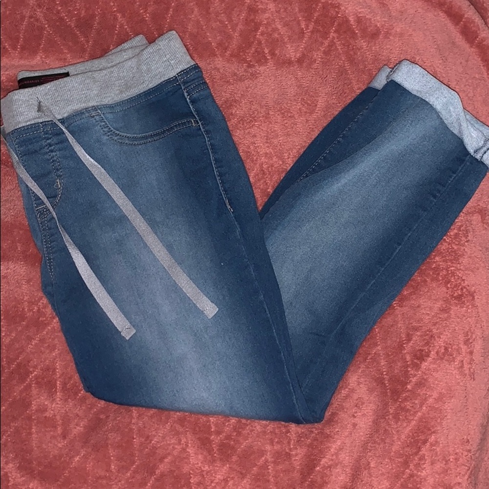 tie waist skinny jeans. light blue. already cuffed
